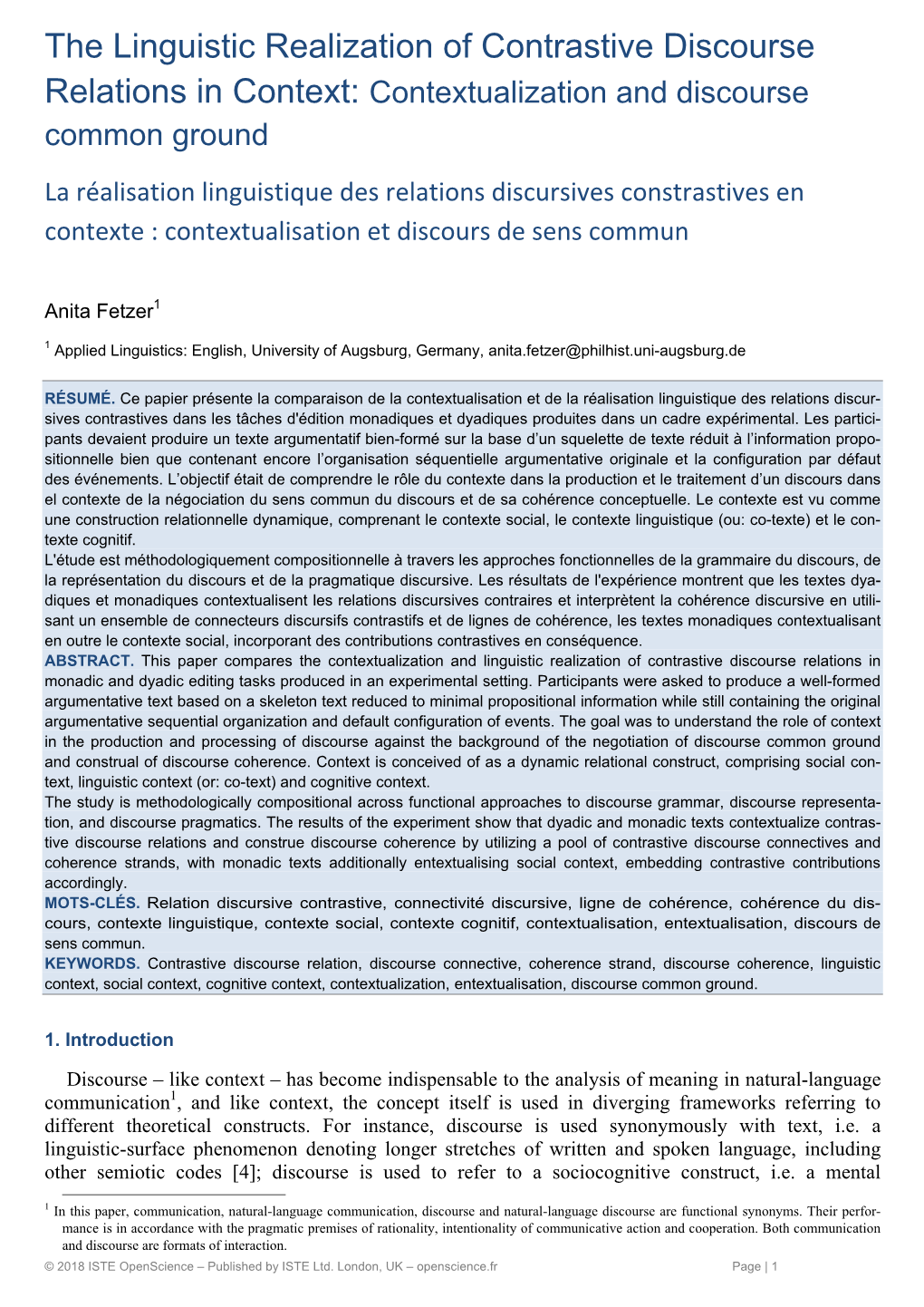 The Linguistic Realization of Contrastive Discourse Relations in Context: Contextualization and Discourse Common Ground