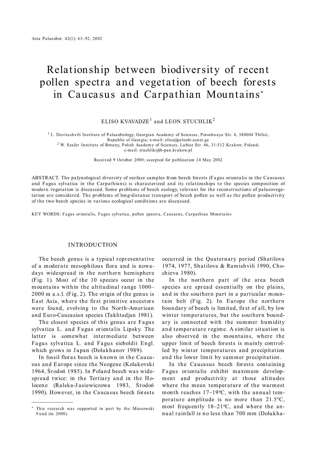 Relationship Between Biodiversity of Recent Pollen Spectra and Vegetation of Beech Forests in Caucasus and Carpathian Mountains*