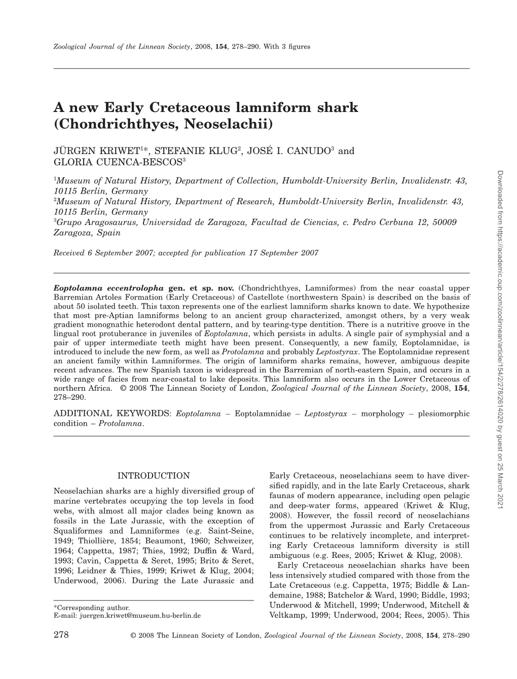 A New Early Cretaceous Lamniform Shark (Chondrichthyes, Neoselachii)