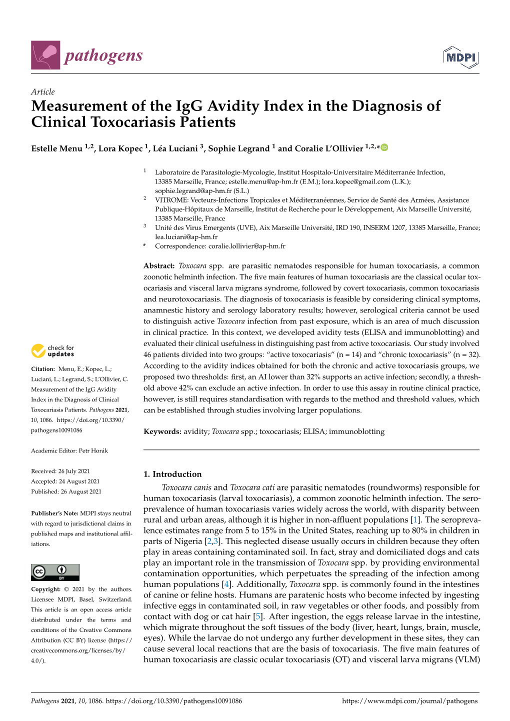 Measurement of the Igg Avidity Index in the Diagnosis of Clinical Toxocariasis Patients