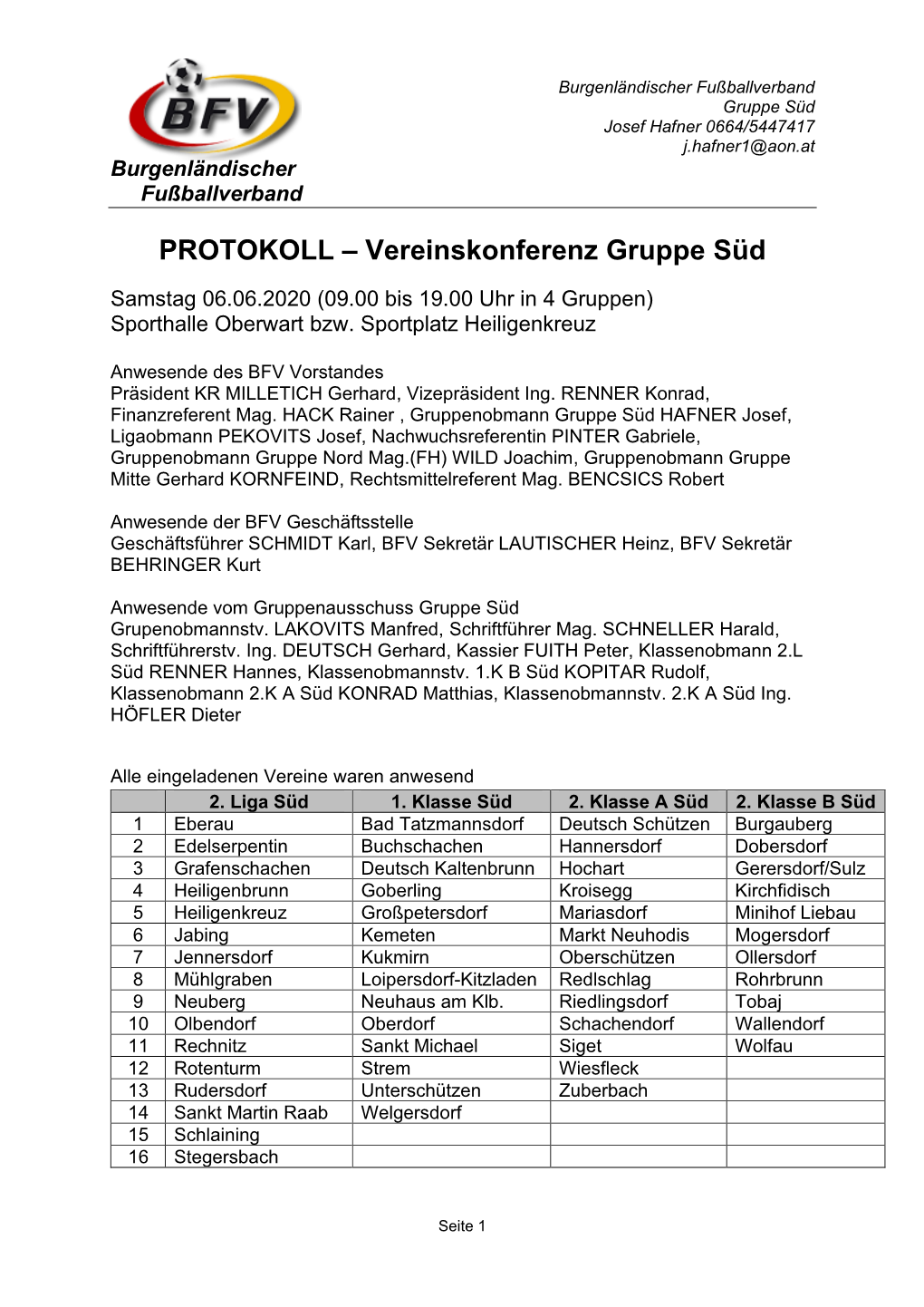 PROTOKOLL – Vereinskonferenz Gruppe Süd