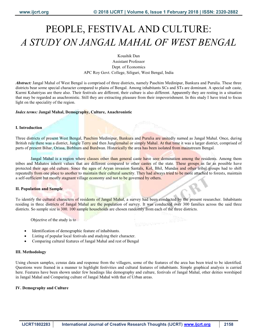 People, Festival and Culture: a Study on Jangal Mahal of West Bengal