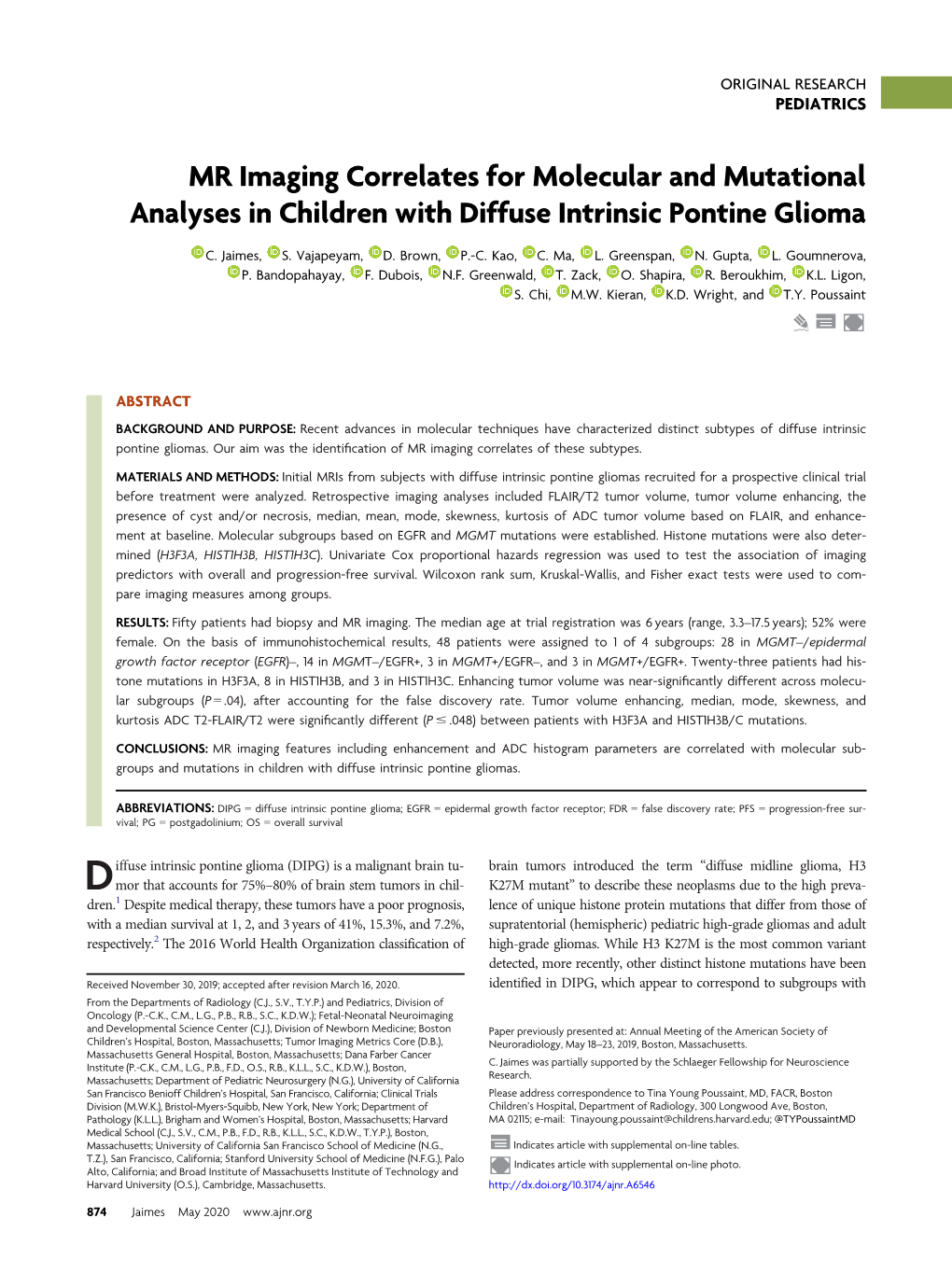 MR Imaging Correlates for Molecular and Mutational Analyses in Children with Diffuse Intrinsic Pontine Glioma