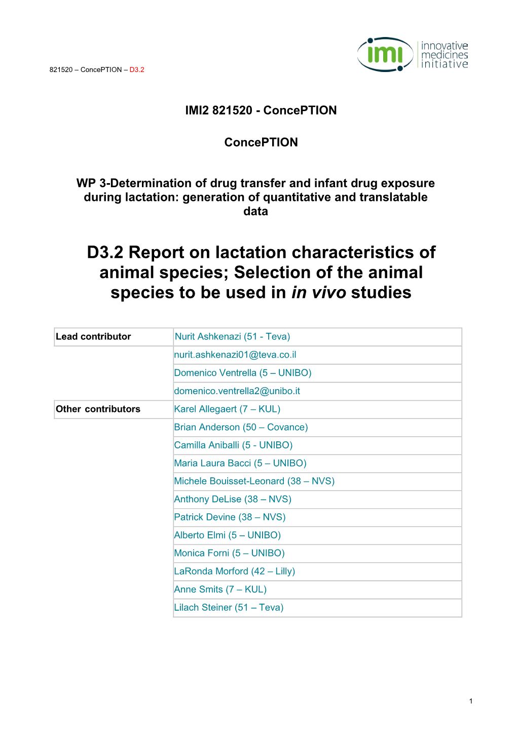 D3.2 Report on Lactation Characteristics of Animal Species; Selection of the Animal Species to Be Used in in Vivo Studies