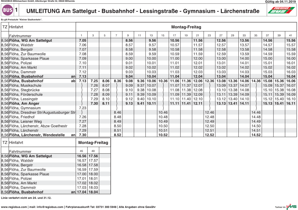 1 UMLEITUNG Am Sattelgut - Busbahnhof - Lessingstraße - Gymnasium - Lärchenstraße