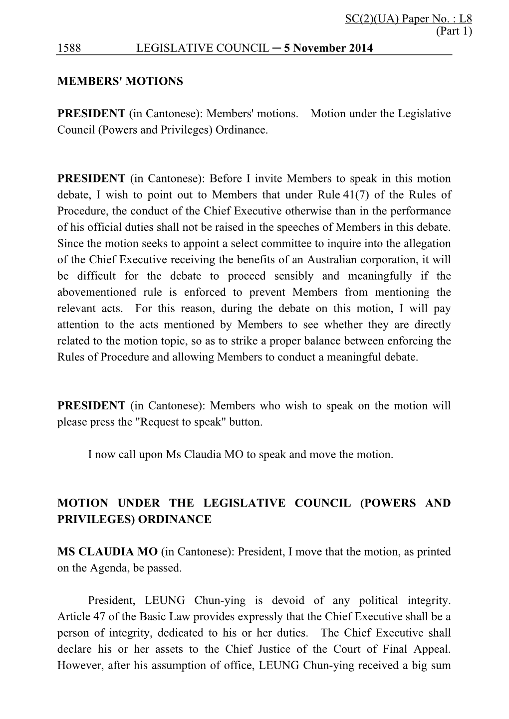 SC(2)(UA) Paper No. : L8 (Part 1) 1588 LEGISLATIVE COUNCIL ─ 5 November 2014