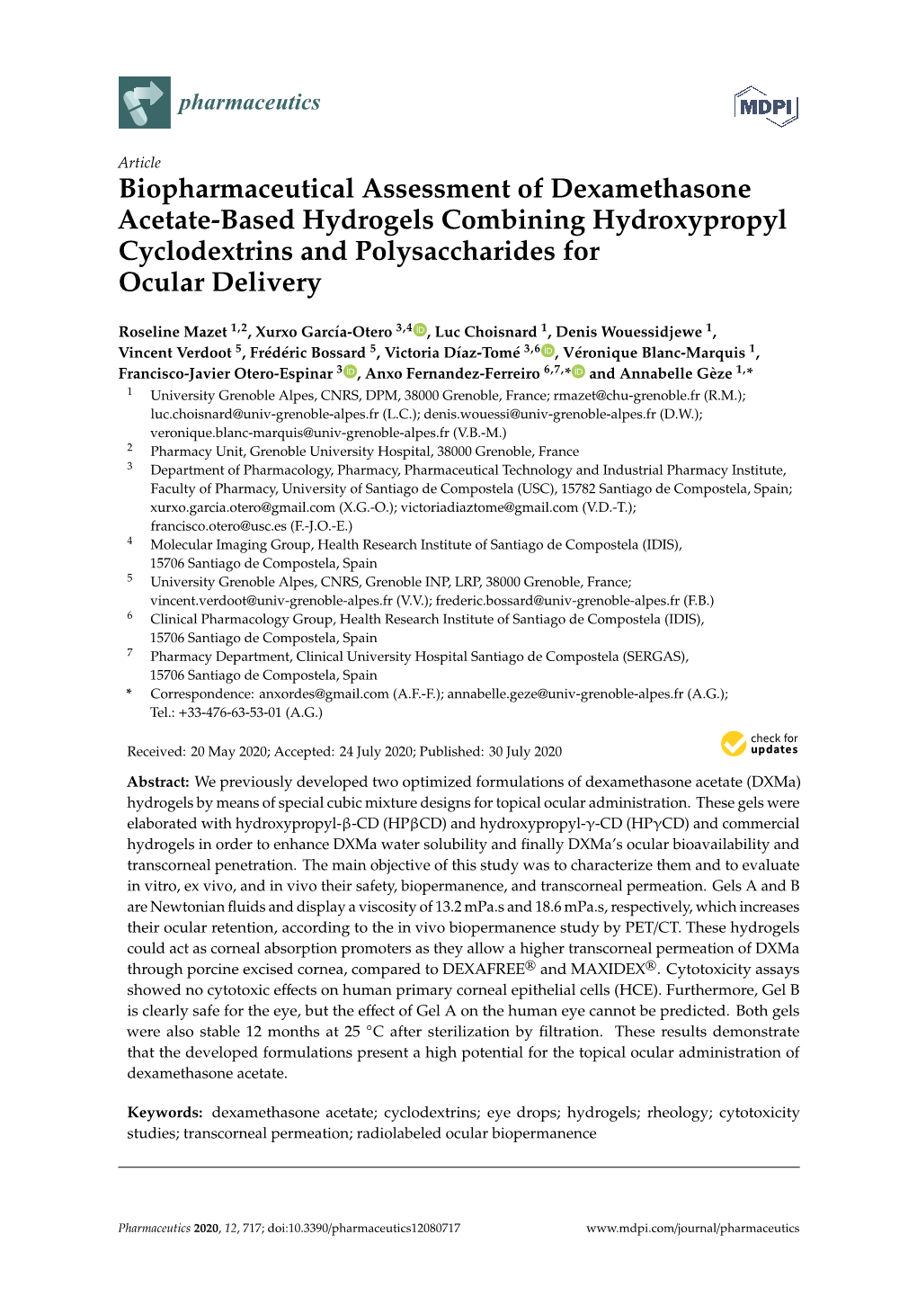 Biopharmaceutical Assessment of Dexamethasone Acetate-Based Hydrogels Combining Hydroxypropyl Cyclodextrins and Polysaccharides for Ocular Delivery