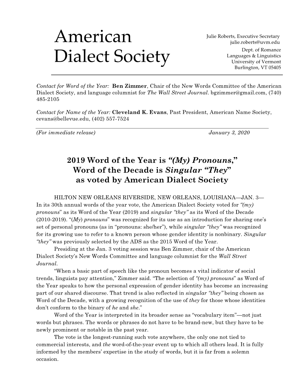 2019 Word of the Year Is “(My) Pronouns,” Word of the Decade Is Singular “They” As Voted by American Dialect Society