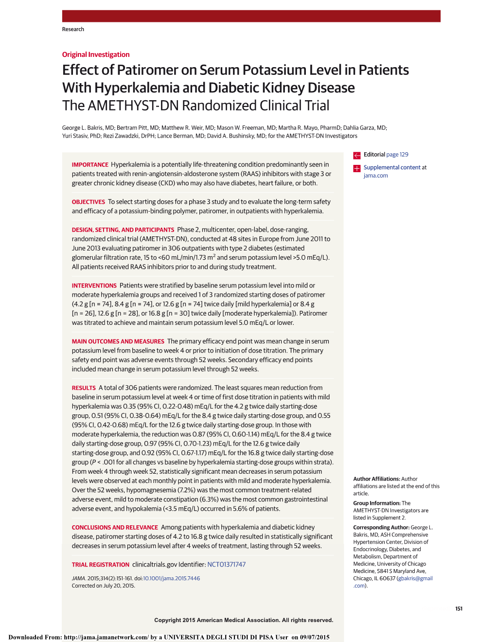 Effect of Patiromer on Serum Potassium Level in Patients with Hyperkalemia and Diabetic Kidney Disease the AMETHYST-DN Randomized Clinical Trial