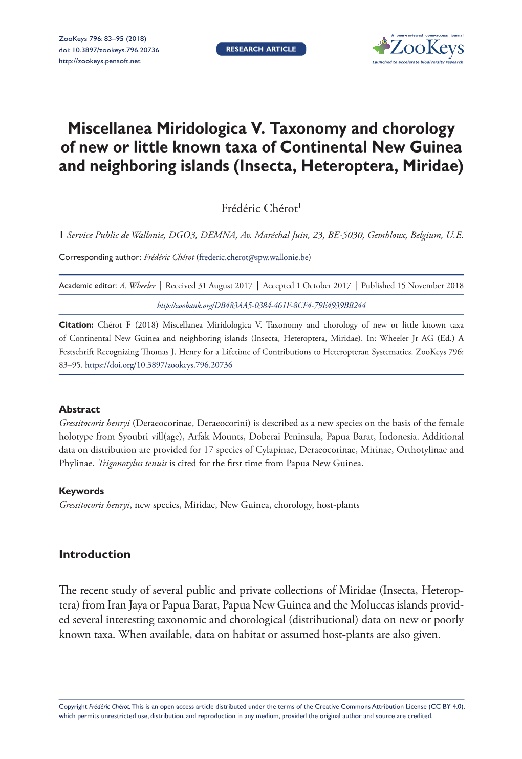 Miscellanea Miridologica V. Taxonomy and Chorology of New Or Little Known Taxa of Continental New Guinea and Neighboring Islands (Insecta, Heteroptera, Miridae)