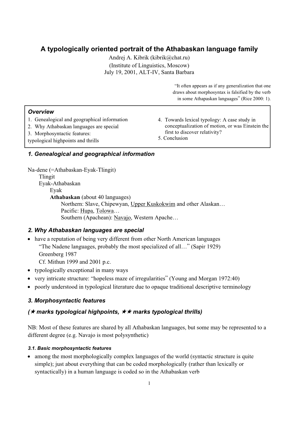 A Typologically Oriented Portrait of the Athabaskan Language Family Andrej A