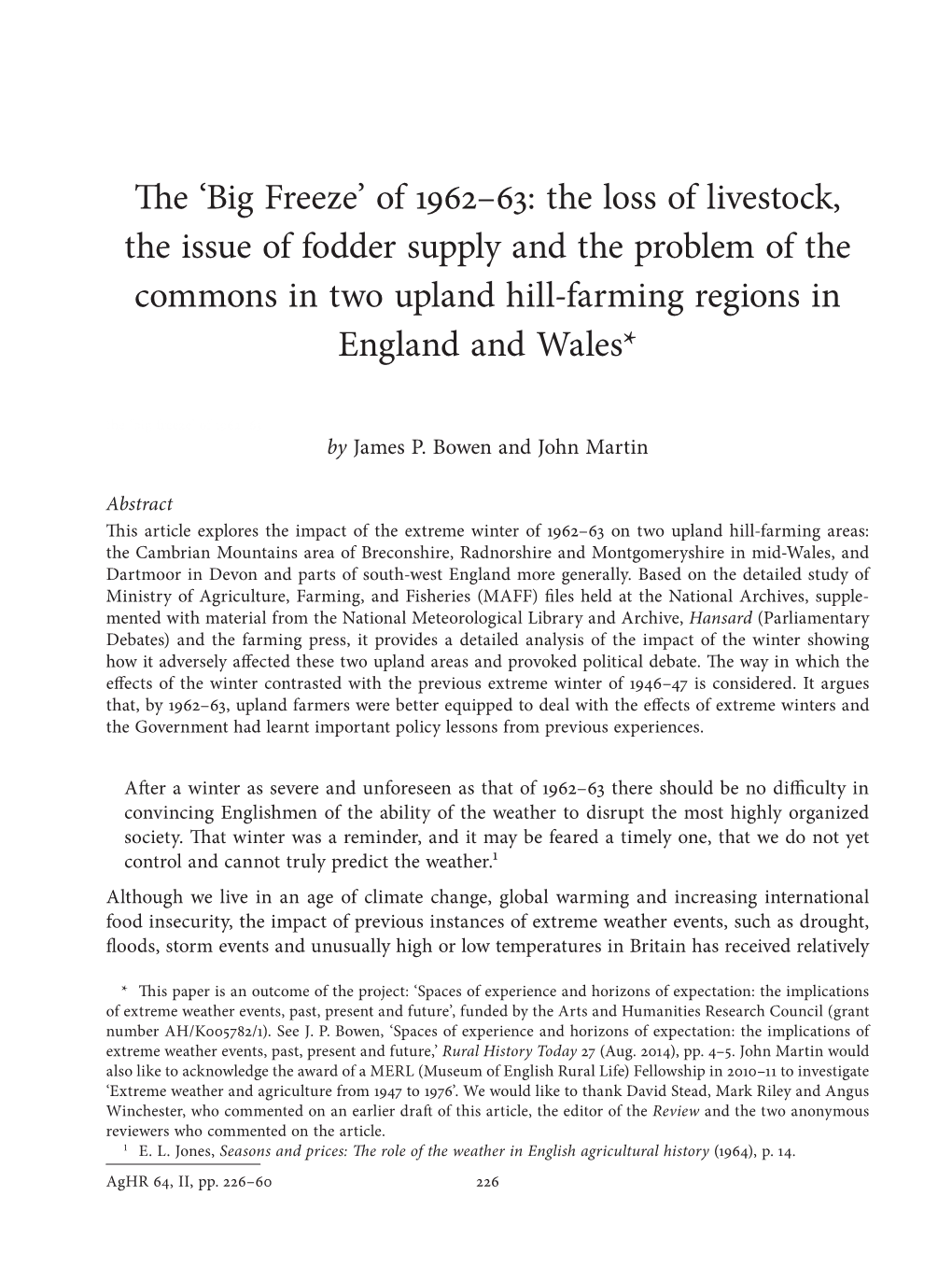 Of 1962–63: the Loss of Livestock, the Issue of Fodder Supply and the Problem of the Commons in Two Upland Hill-Farming Regions in England and Wales*