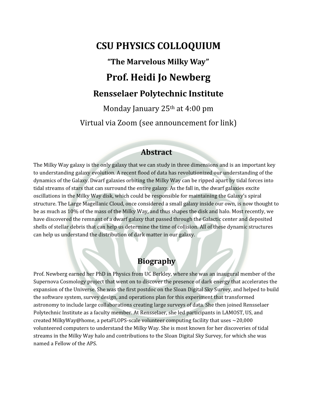 CSU PHYSICS COLLOQUIUM Prof. Heidi Jo Newberg