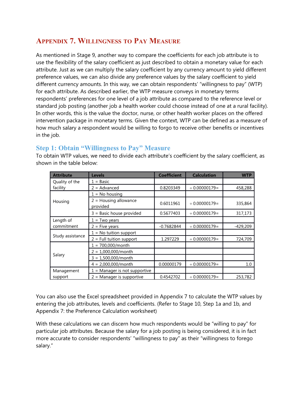 Appendix 7. Willingness to Pay Measure