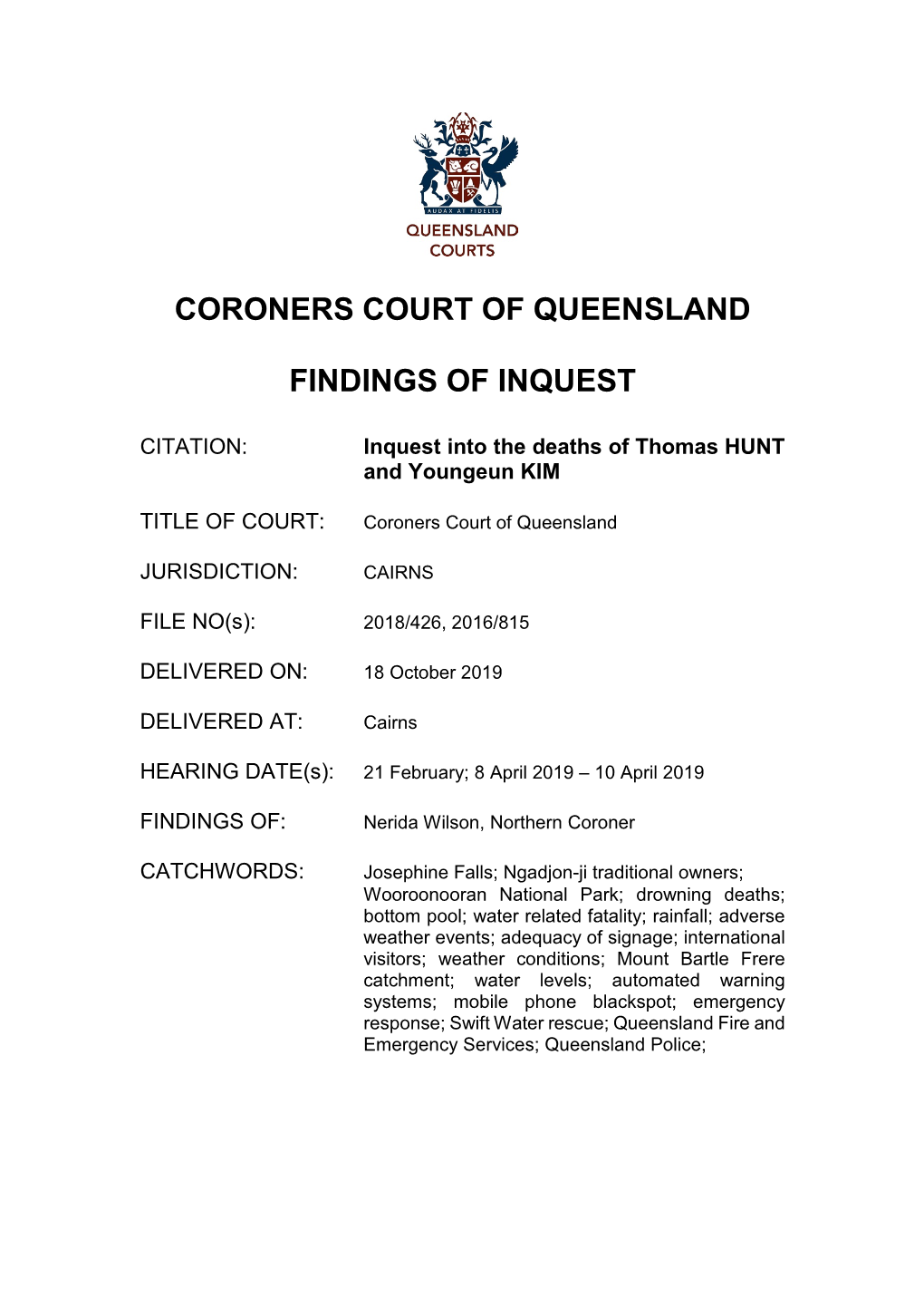 Inquest Findings Into the Deaths of Thomas Hunt and Youngeun