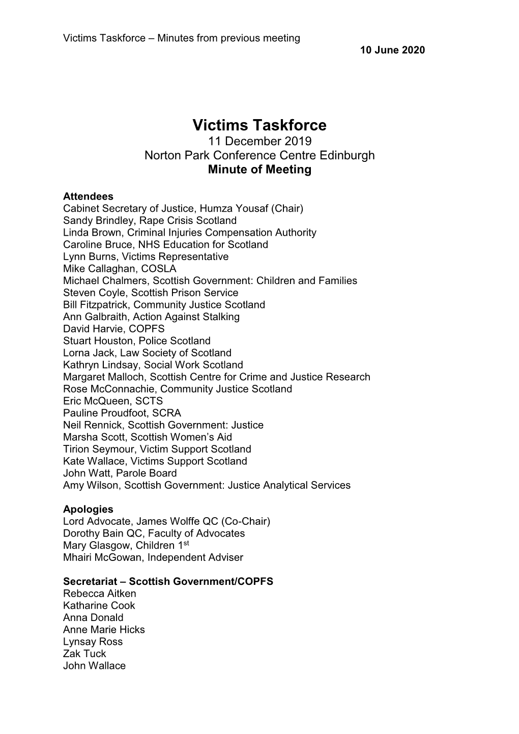 Victims Taskforce: Minutes of 11 December 2019 Meeting