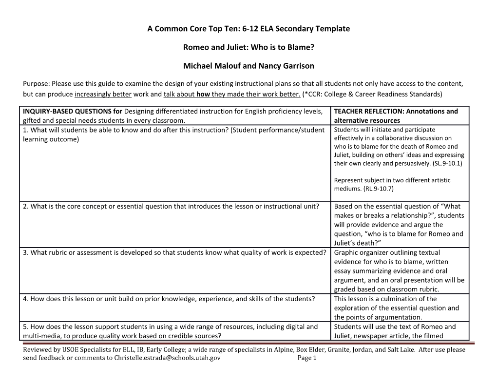 A Common Core Top Ten: 6-12 ELA Secondary Template