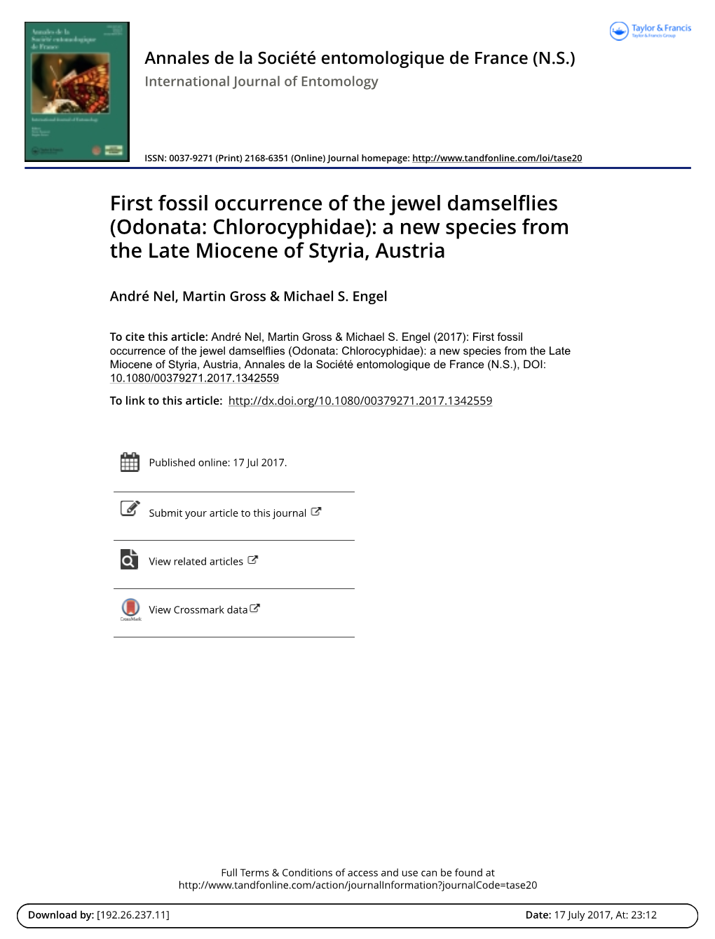 First Fossil Occurrence of the Jewel Damselflies (Odonata: Chlorocyphidae): a New Species from the Late Miocene of Styria, Austria