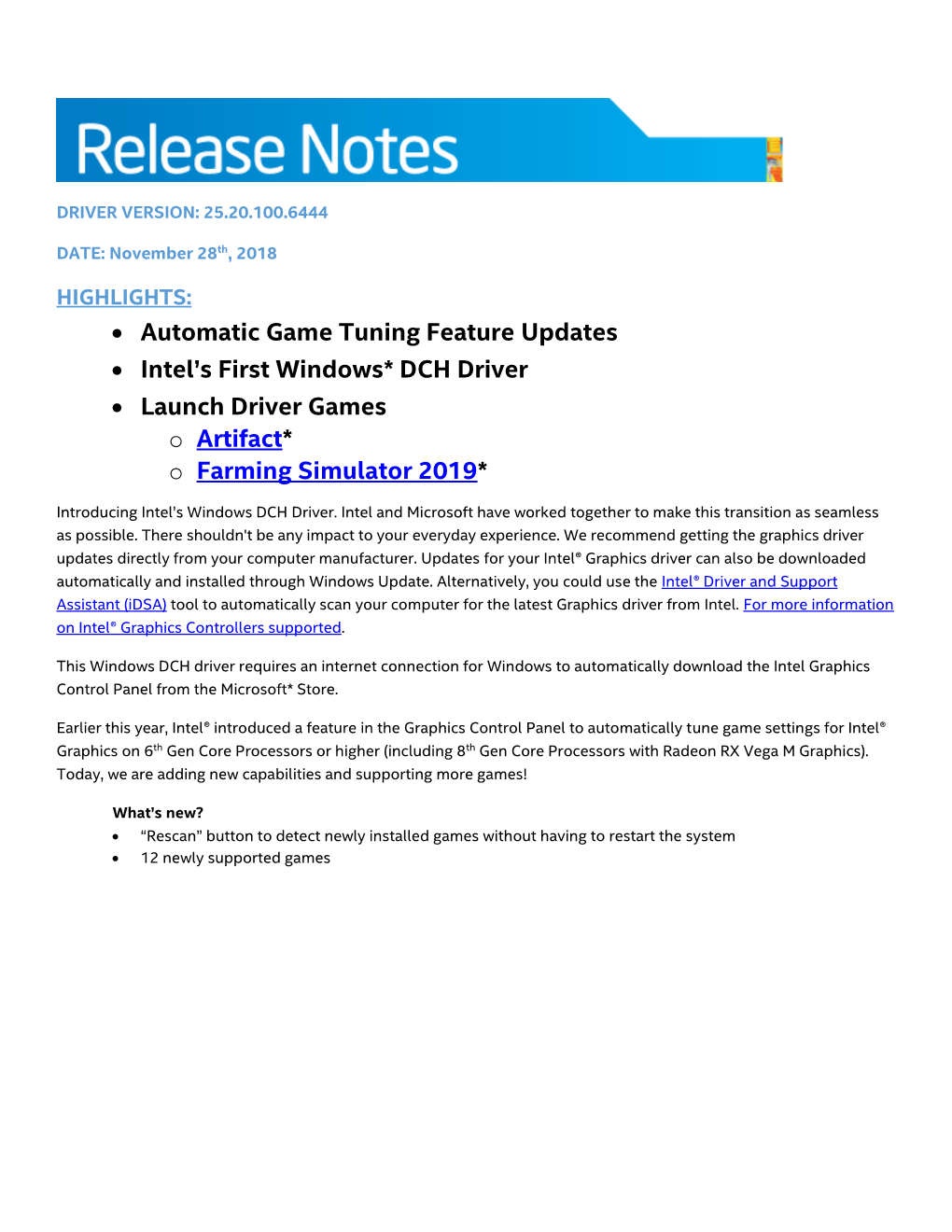 • Automatic Game Tuning Feature Updates • Intel's First Windows