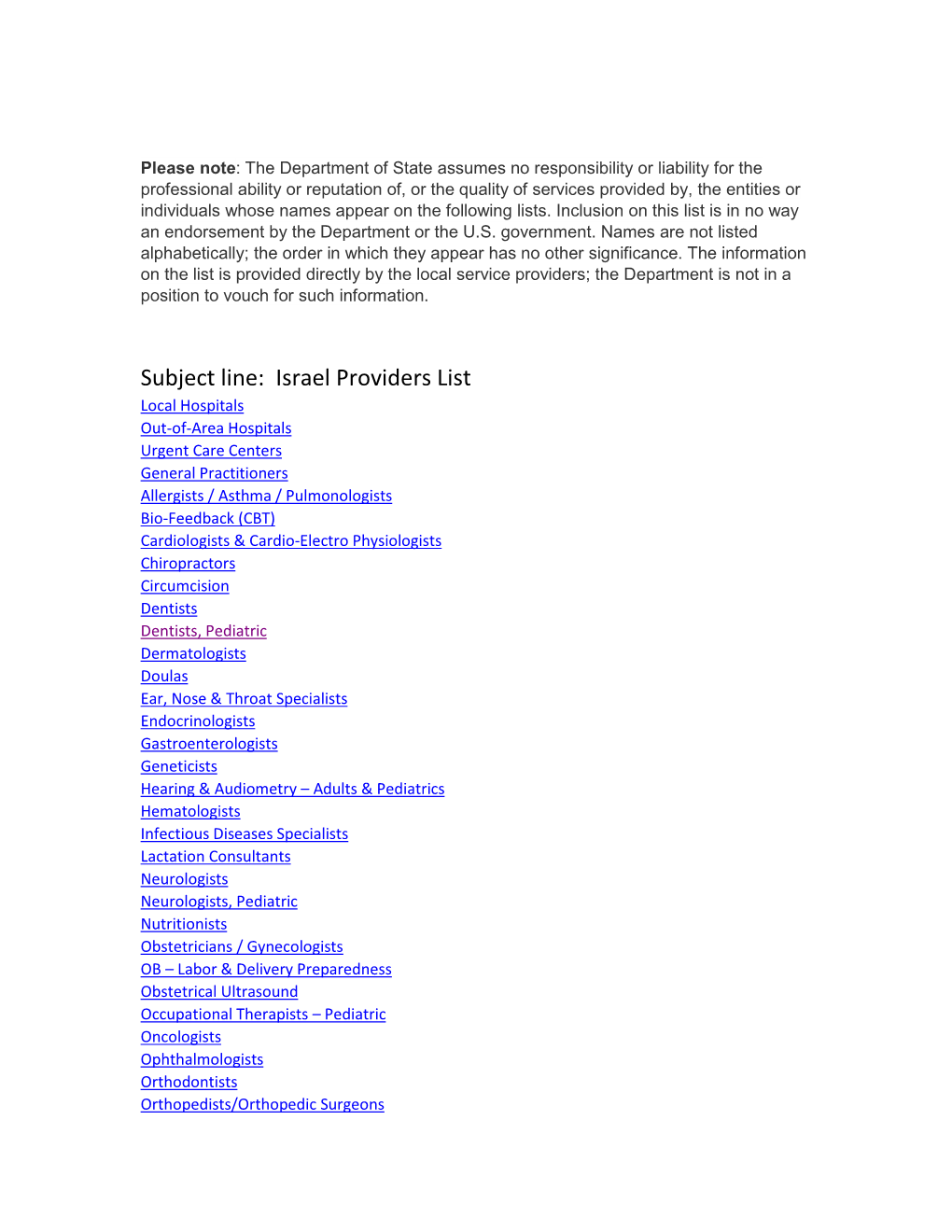 Israel Providers List