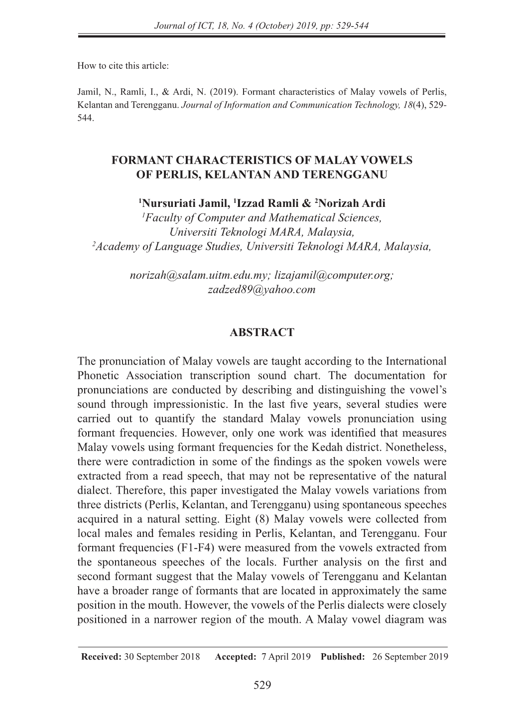 529 Formant Characteristics of Malay Vowels of Perlis