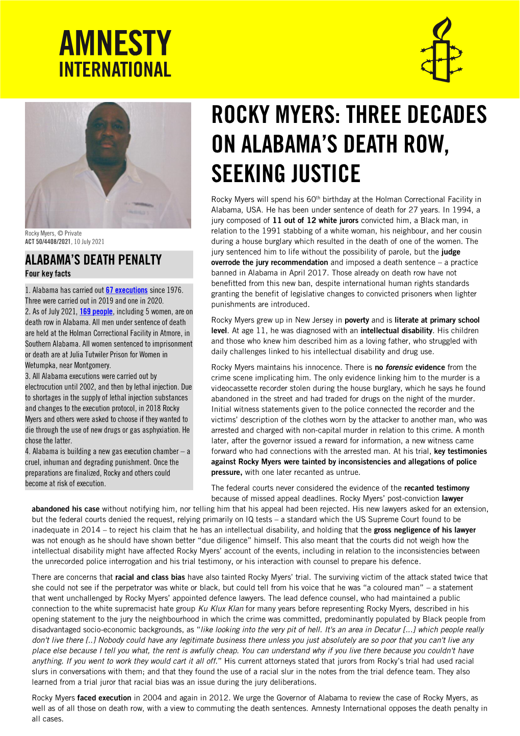 ROCKY MYERS: THREE DECADES on ALABAMA’S DEATH ROW, SEEKING JUSTICE Rocky Myers Will Spend His 60Th Birthday at the Holman Correctional Facility in Alabama, USA