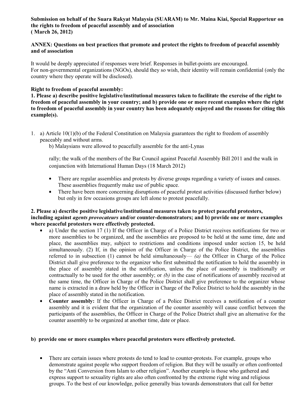 Submission on Behalf of the Suara Rakyat Malaysia (SUARAM) to Mr