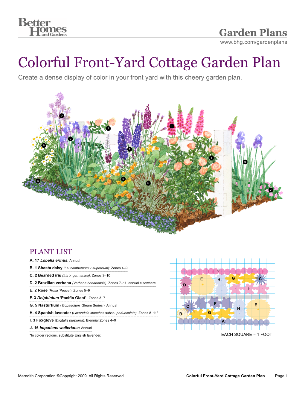 Colorful Front-Yard Cottage Garden Plan Create a Dense Display of Color in Your Front Yard with This Cheery Garden Plan