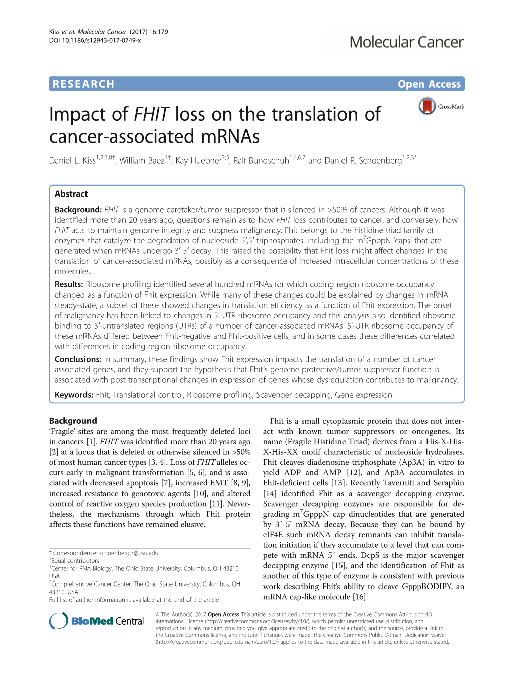 Impact of FHIT Loss on the Translation of Cancer-Associated Mrnas Daniel L