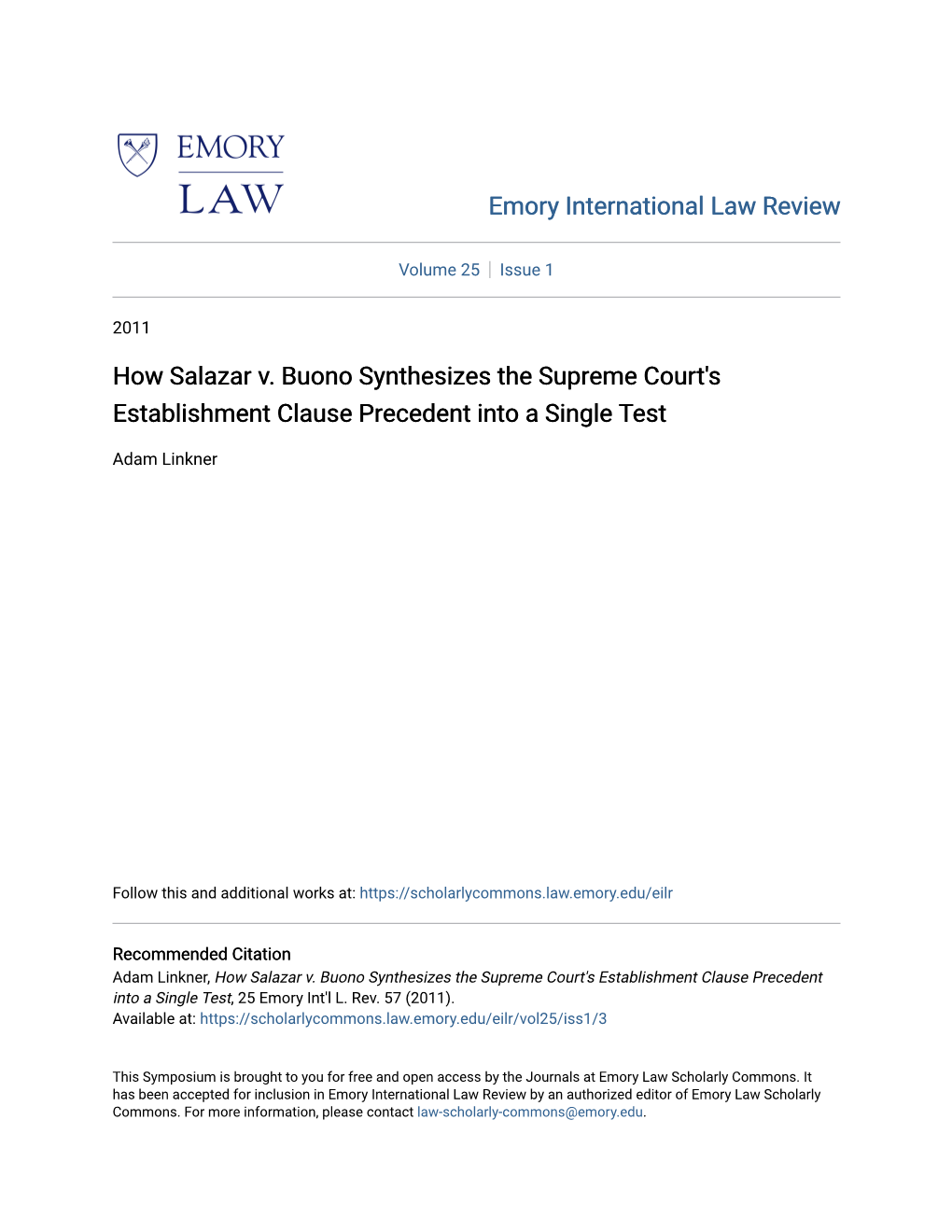 How Salazar V. Buono Synthesizes the Supreme Court's Establishment Clause Precedent Into a Single Test