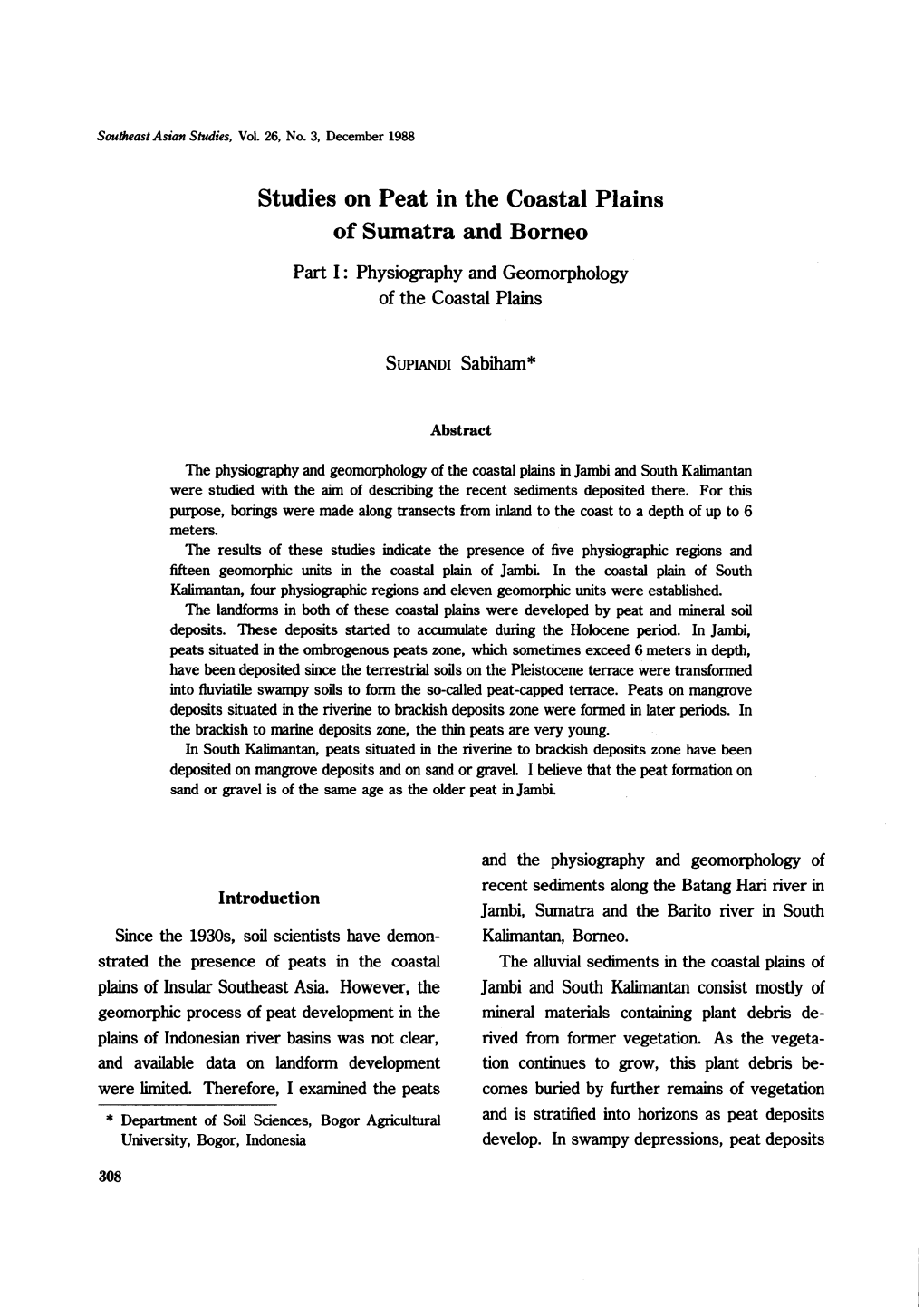 Studies on Peat in the Coastal Plains of Sumatra and Borneo