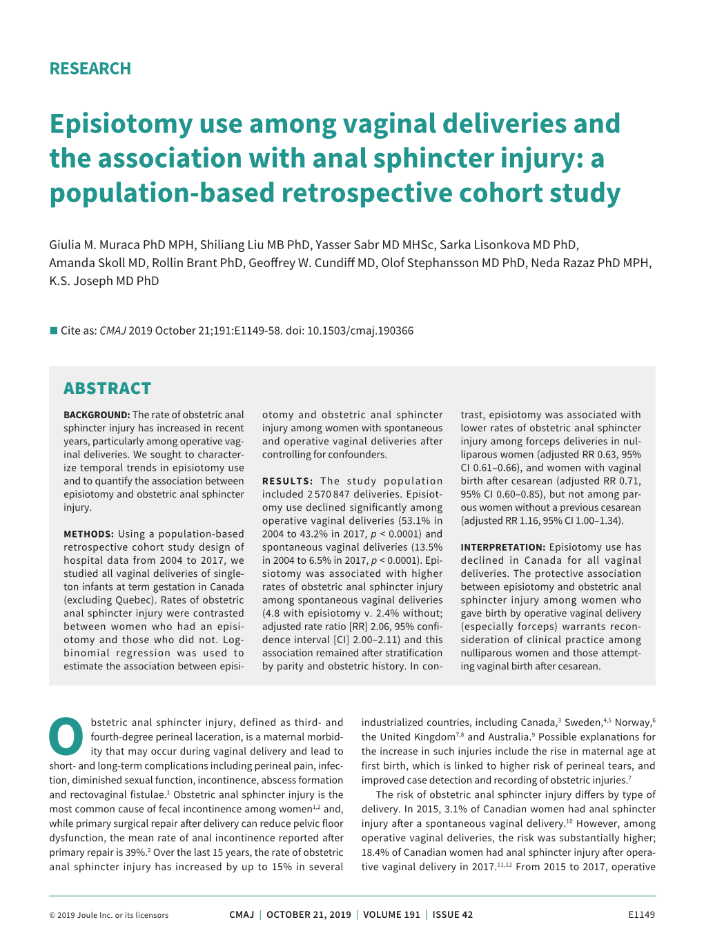 Episiotomy Use Among Vaginal Deliveries and the Association with Anal Sphincter Injury: a Population-Based Retrospective Cohort Study