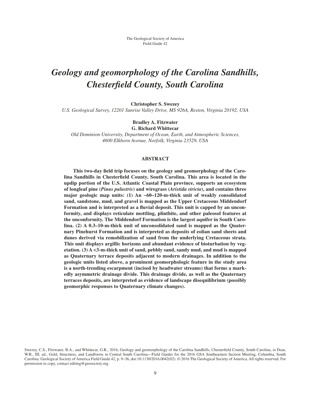 Geology and Geomorphology of the Carolina Sandhills, Chesterfield County, South Carolina