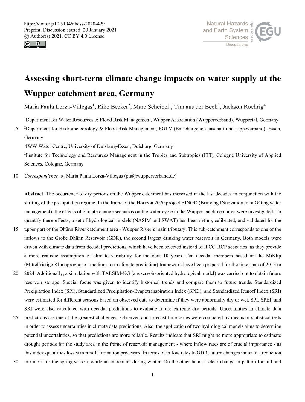 Assessing Short-Term Climate Change Impacts on Water Supply at The