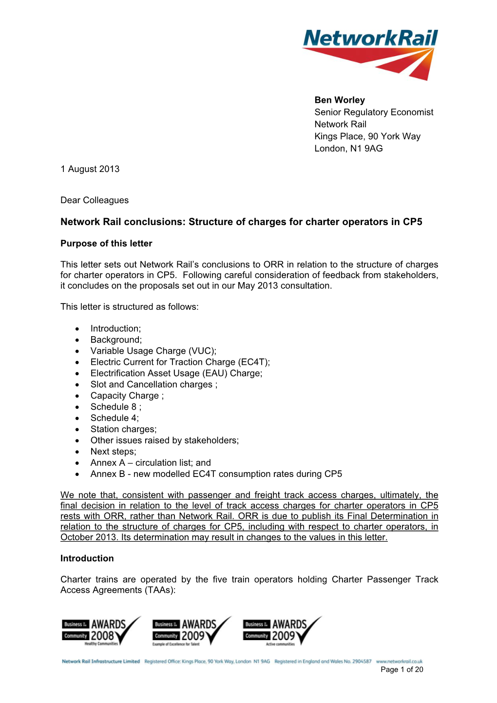 Network Rail Conclusions: Structure of Charges for Charter Operators in CP5