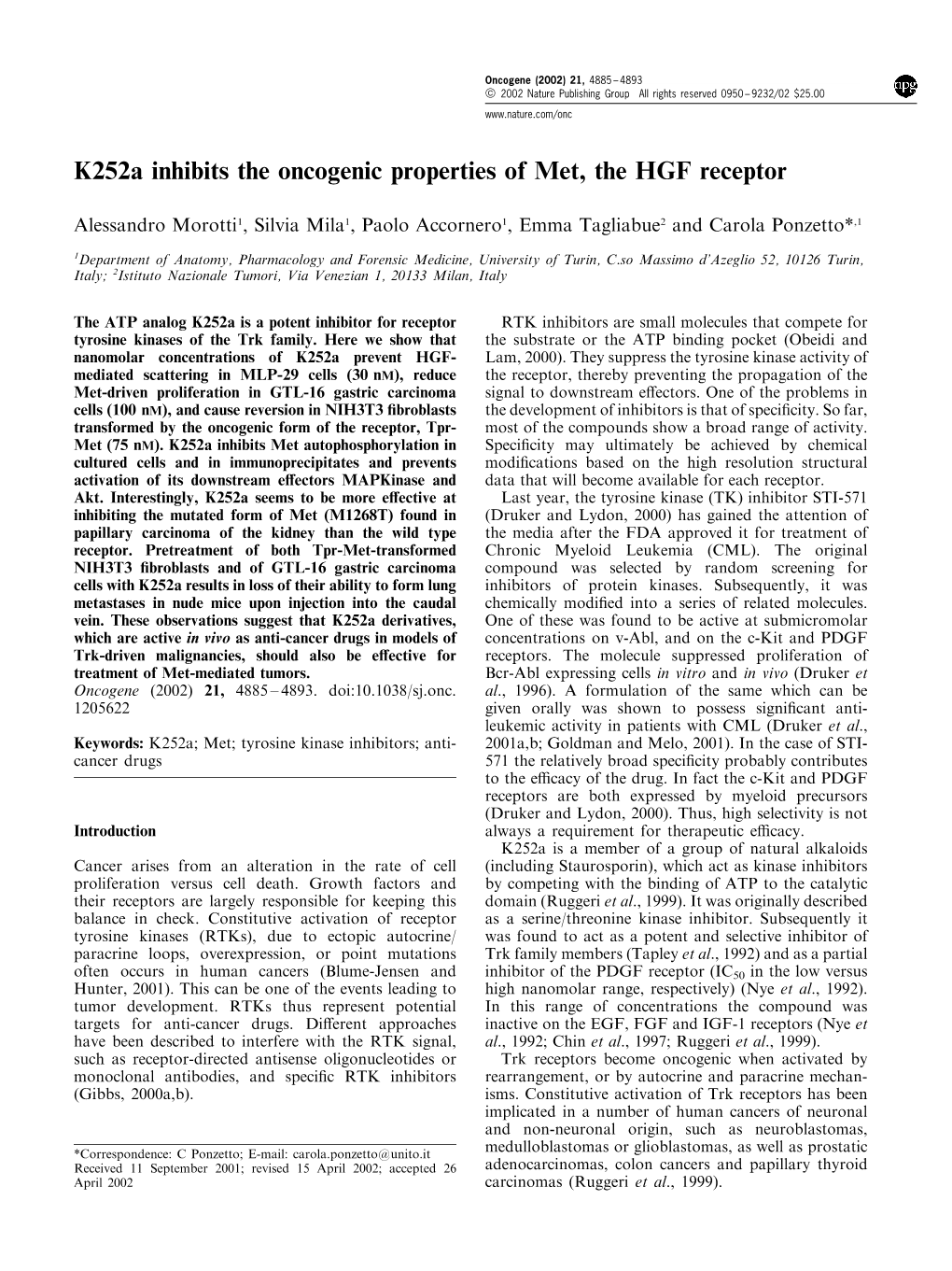 K252a Inhibits the Oncogenic Properties of Met, the HGF Receptor
