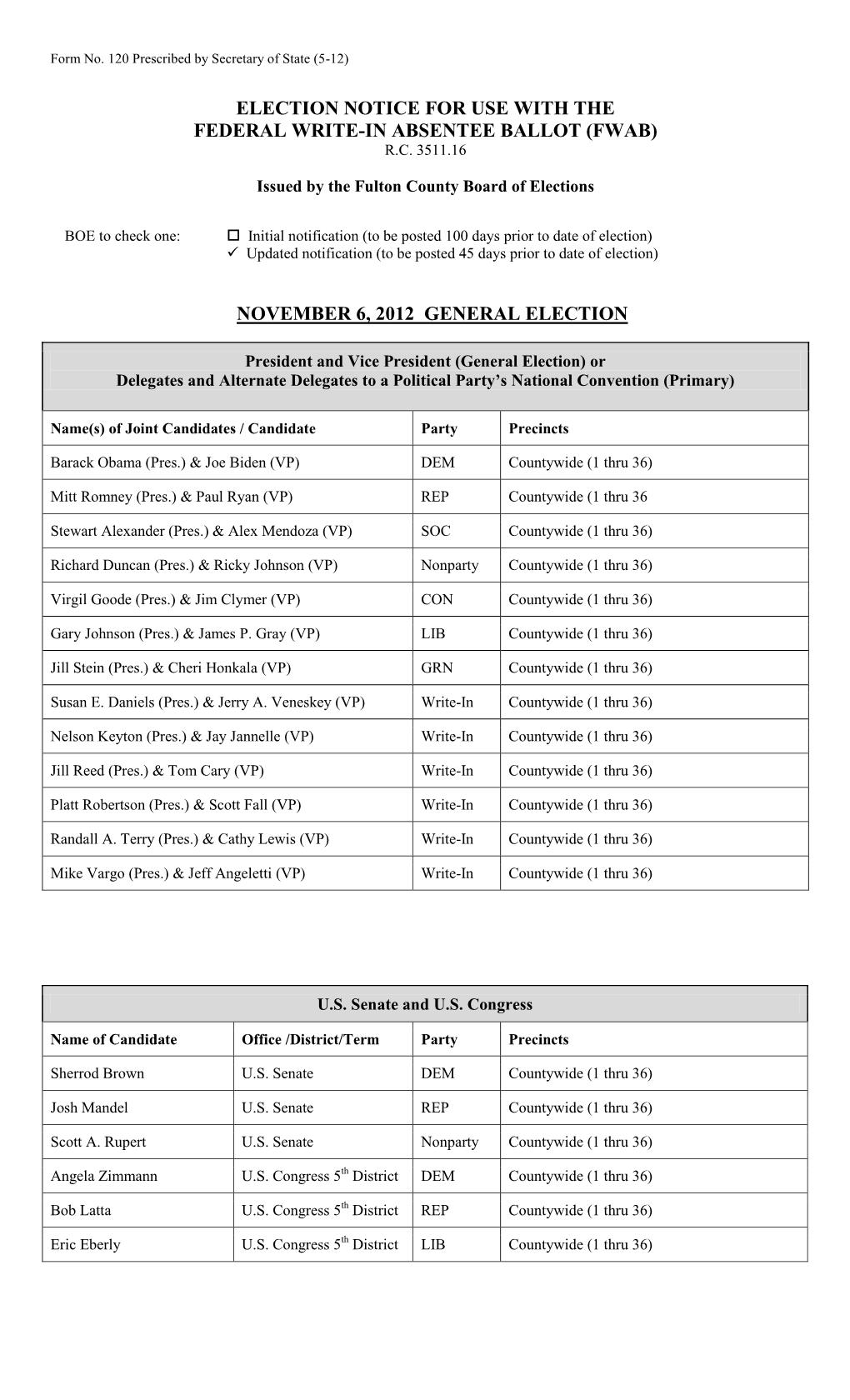 Election Notice for Use with the Federal Write-In Absentee Ballot (Fwab) R.C