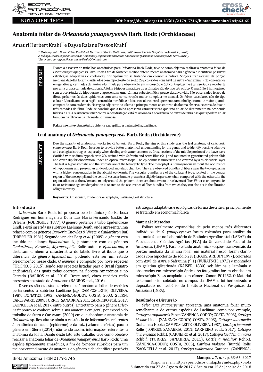 Anatomia Foliar De Orleanesia Yauaperyensis Barb. Rodr. (Orchidaceae)