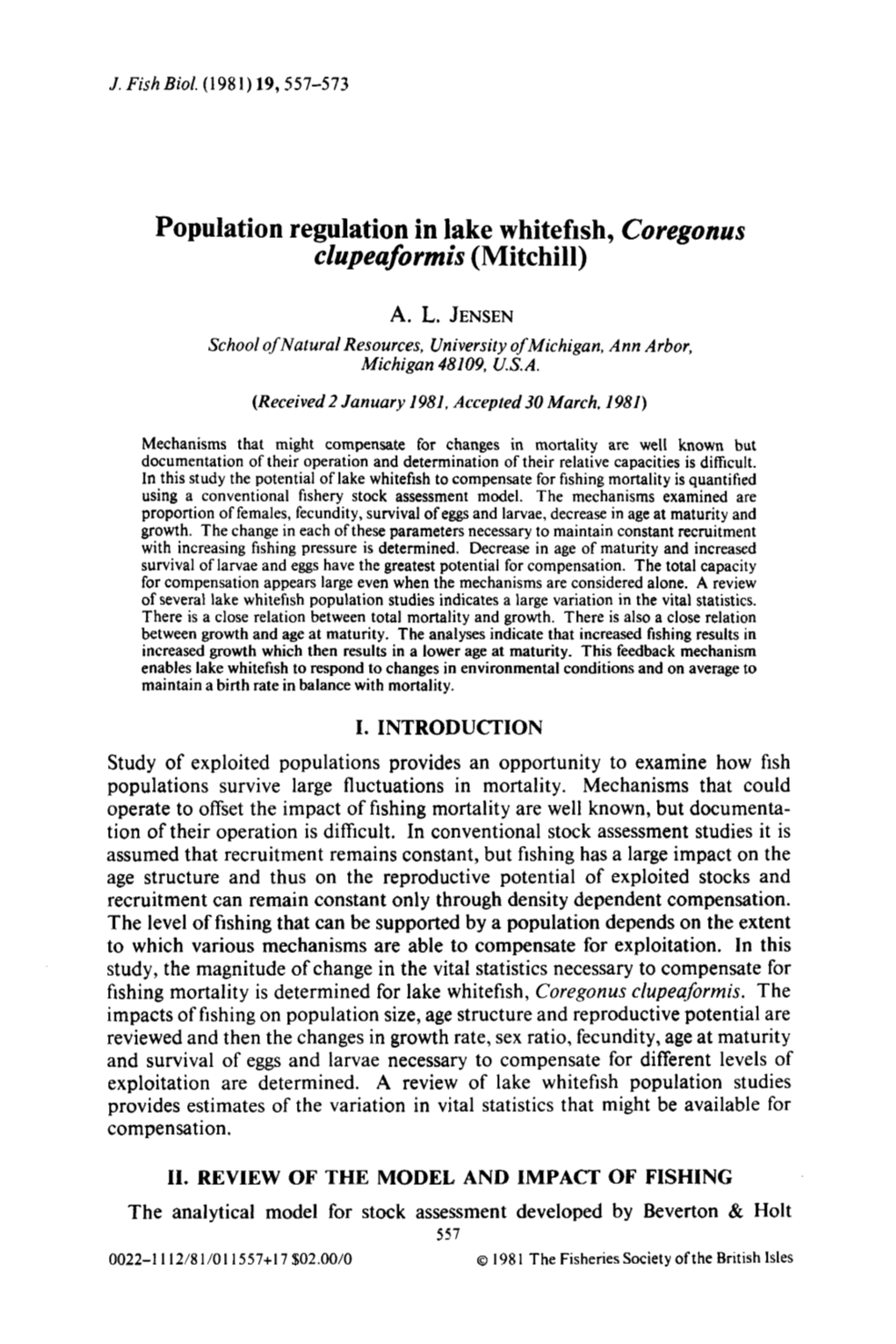 Population Regulation in Lake Whitefish, Coregonus Clupeaformis (Mitchill)