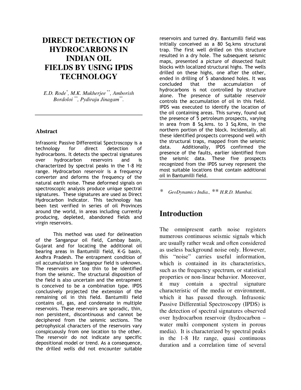 Direct Detection of Hydrocarbons in Indian Oil Fields by Using IPDS