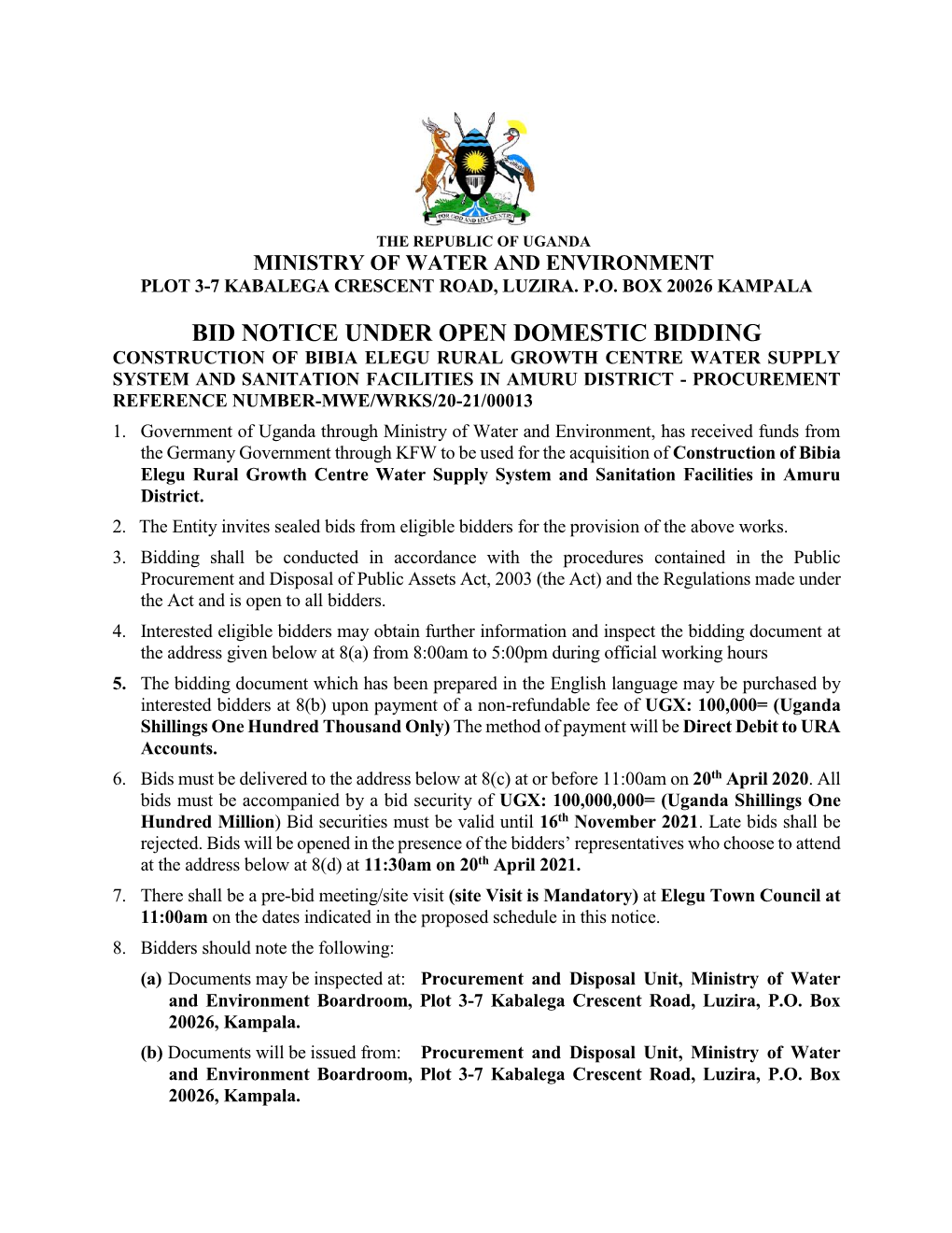 Bid Notice Under Open Domestic Bidding