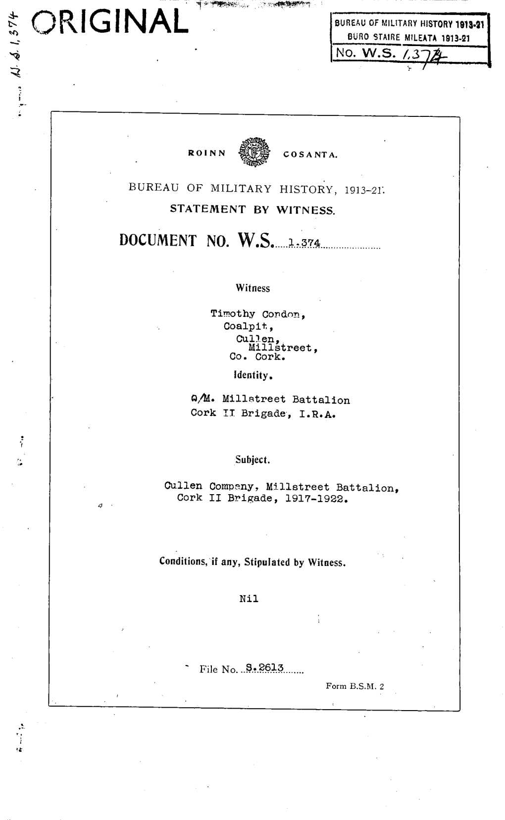 ROINN COSANTA. BUREAU of MILITARY HISTORY, 1913-21. STATEMENT by WITNESS. DOCUMENT NO. W.S. 1,374 Witness Timothy Cordon, Coalpi