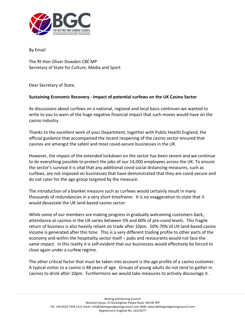 BGC Letter to Oliver Dowden