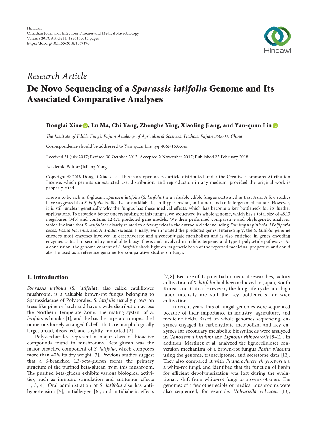 De Novo Sequencing of a Sparassis Latifolia Genome and Its Associated Comparative Analyses