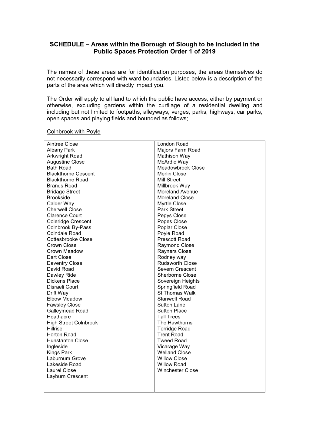 Areas Within the Borough of Slough to Be Included in the Order