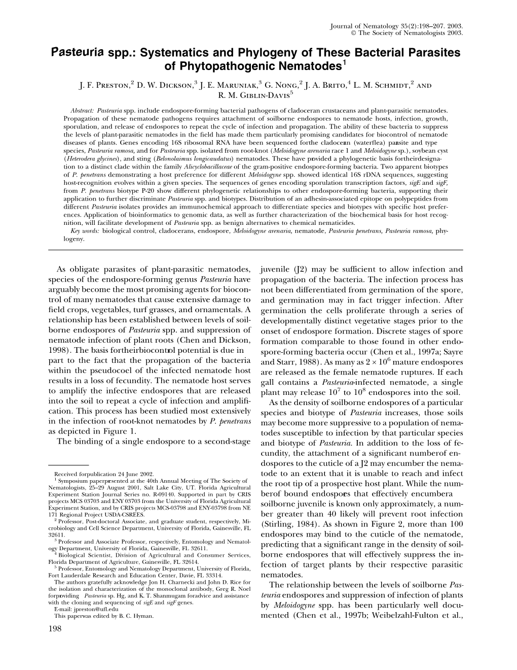 Pasteuria Spp.: Systematics and Phylogeny of These Bacterial Parasites of Phytopathogenic Nematodes1