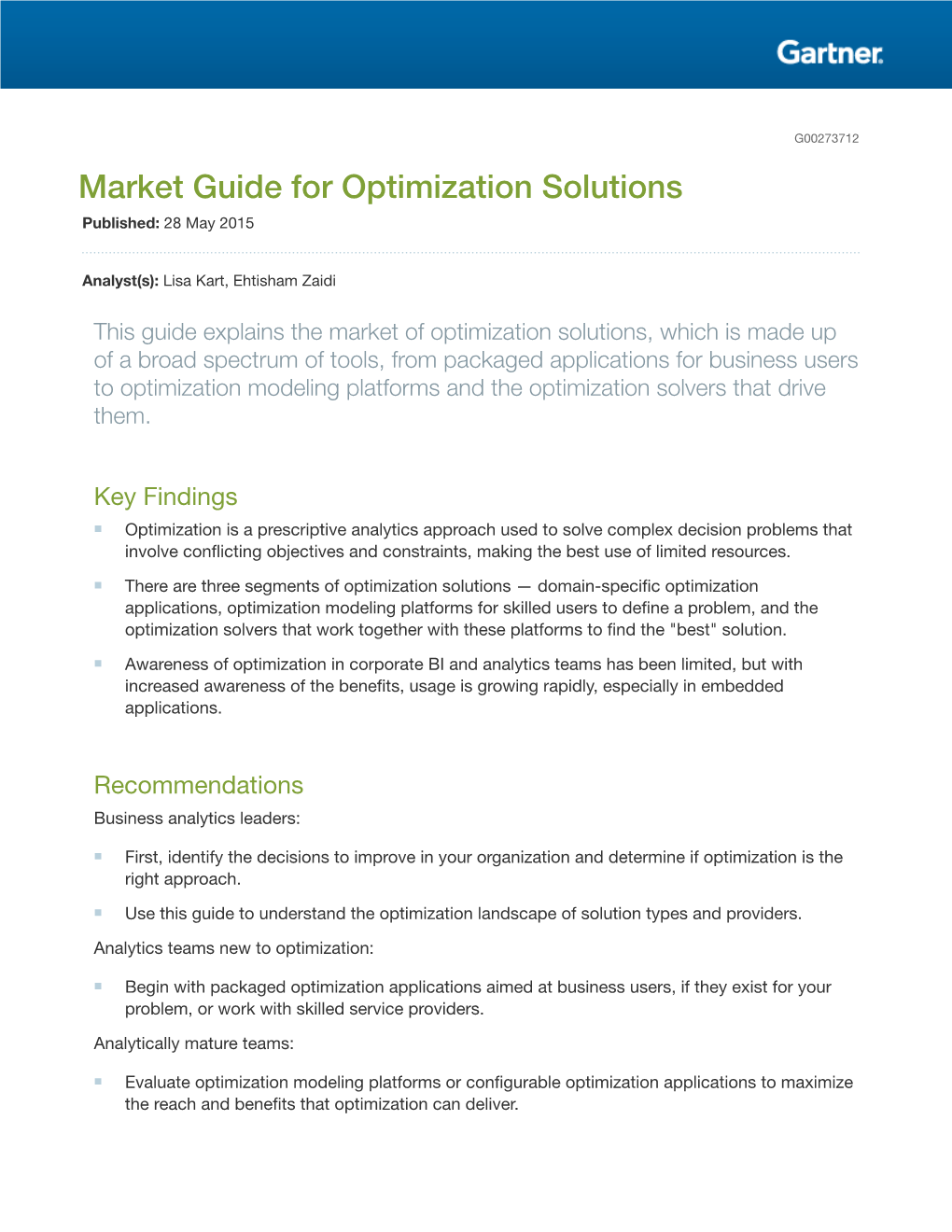 Gartner's Market Guide to Optimization Solutions