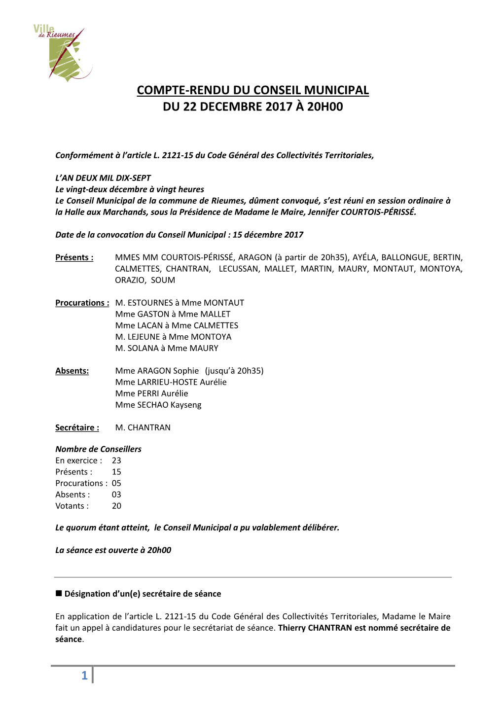 1 Compte-Rendu Du Conseil Municipal Du 22 Decembre 2017 À 20H00