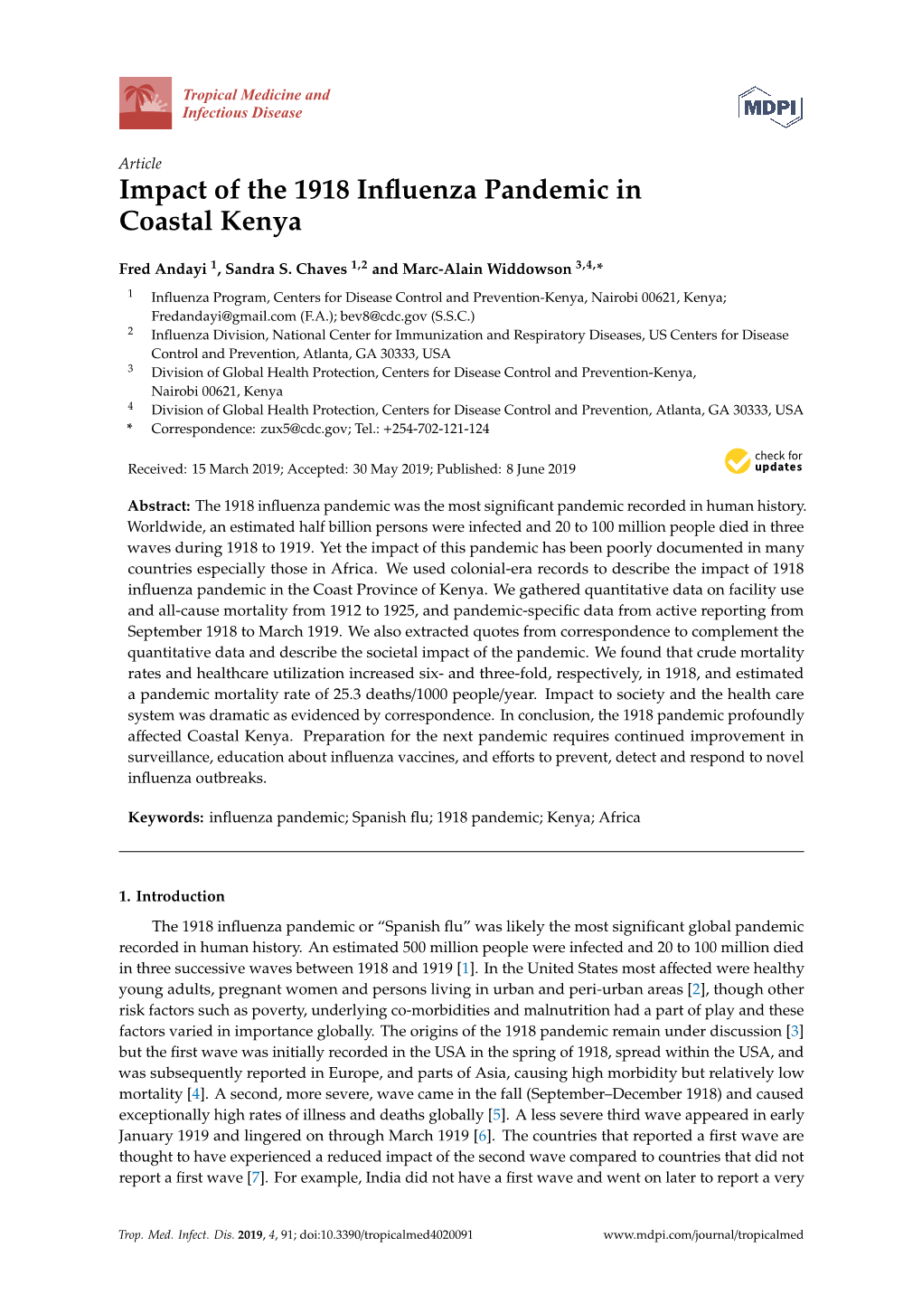 Impact of the 1918 Influenza Pandemic in Coastal Kenya