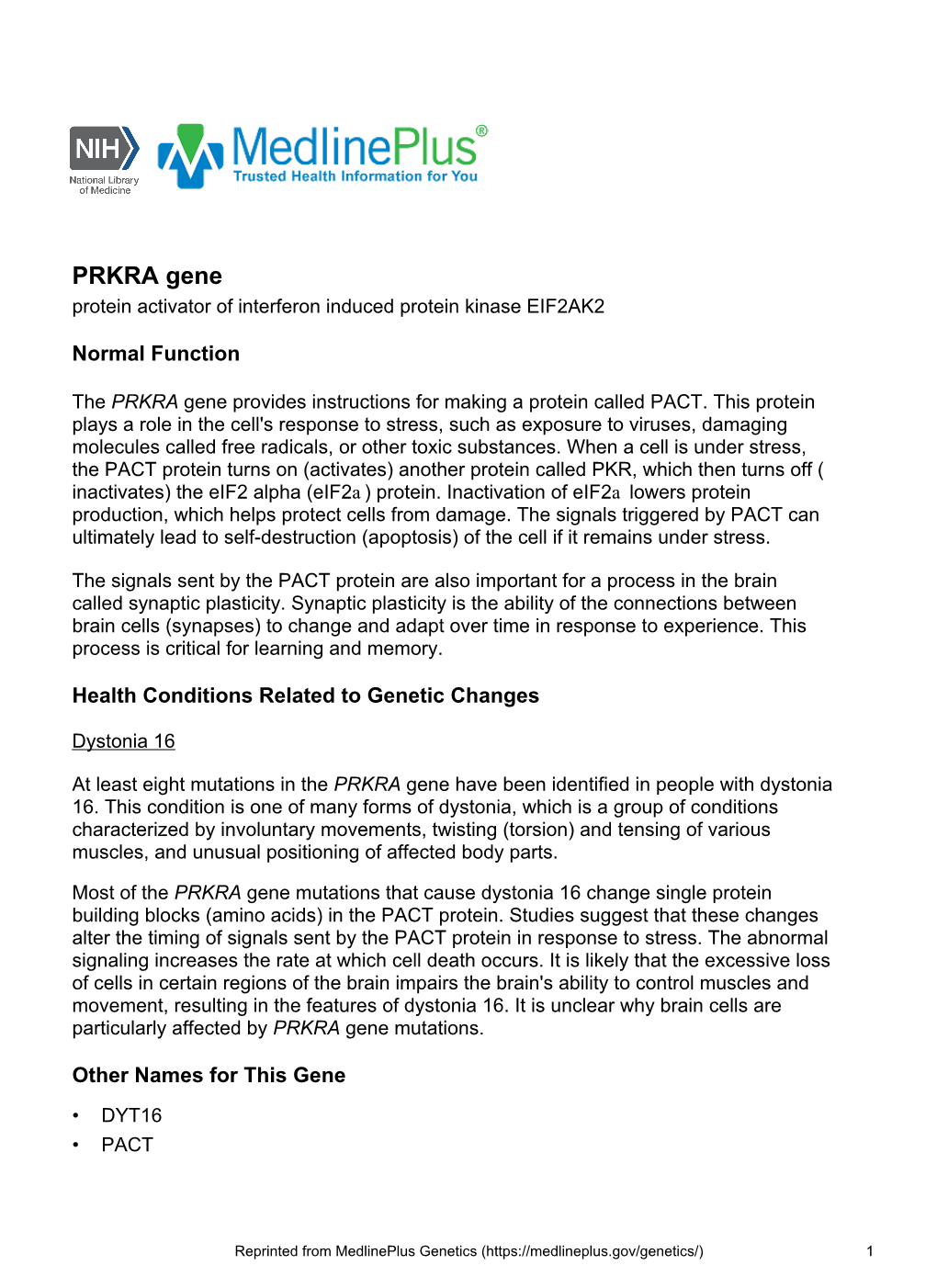 PRKRA Gene Protein Activator of Interferon Induced Protein Kinase EIF2AK2